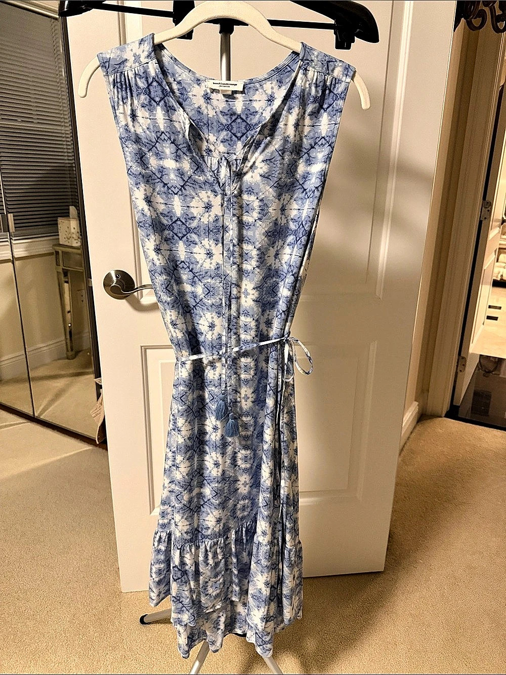 Beachlunchlounge Blue & White Tie Dye Tassel V Neck Sleeveless Maxi Dress Maxi